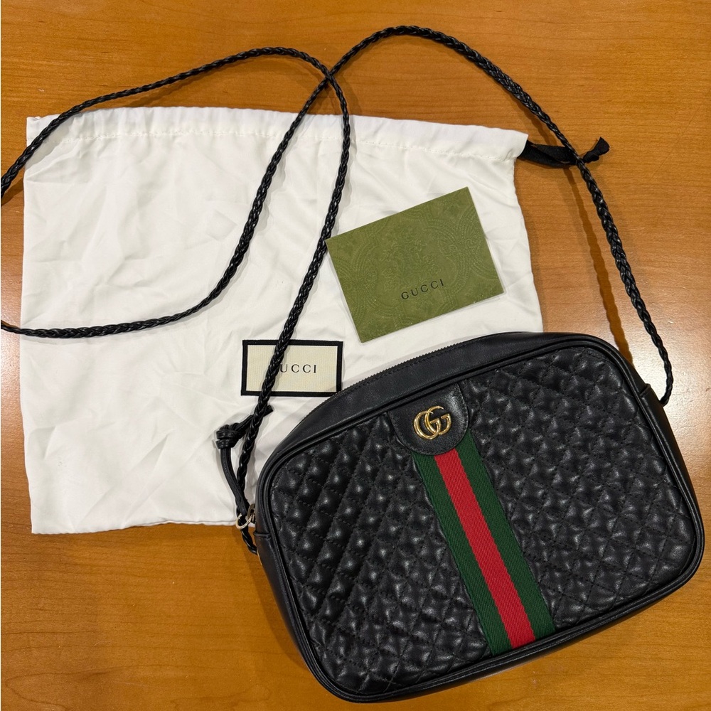 Gucci Black Quilted Belt Bag with Green and Red Stripe
